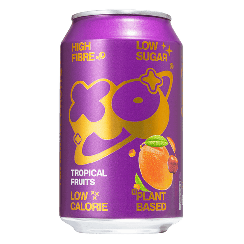 XO Tropical Soda can featuring tropical fruits, low sugar, and plant-based ingredients, part of a tropical soda pack.